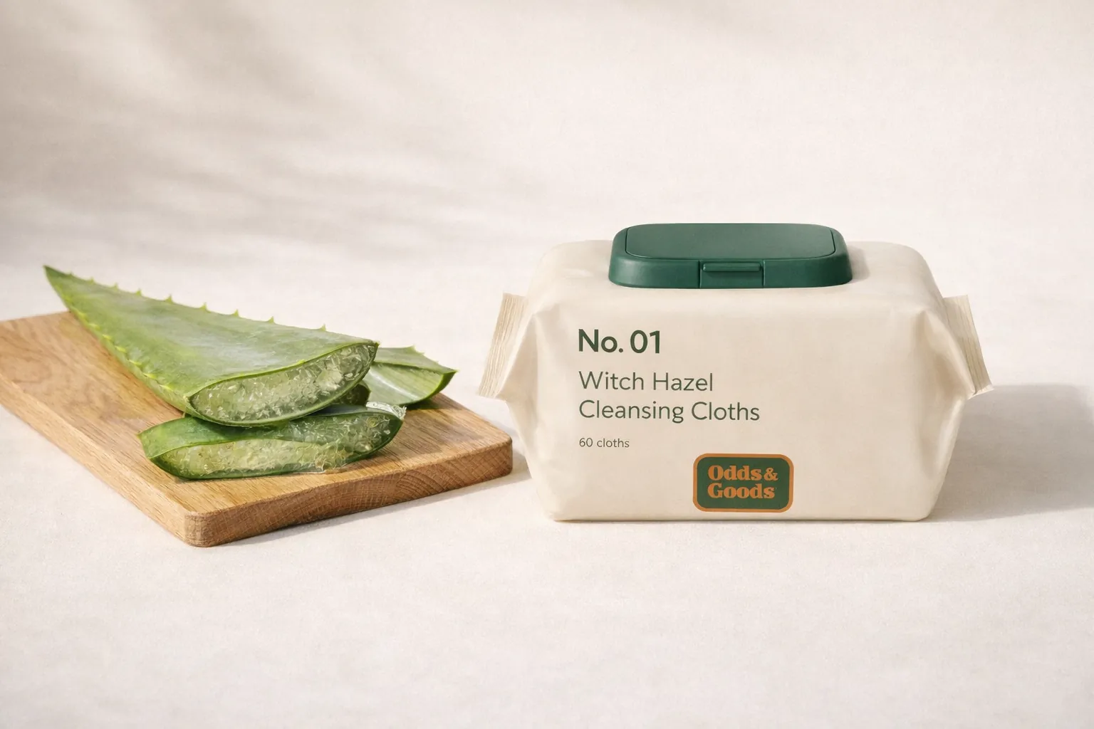 A sliced aloe leaf beside the witch hazel cloth pouch.