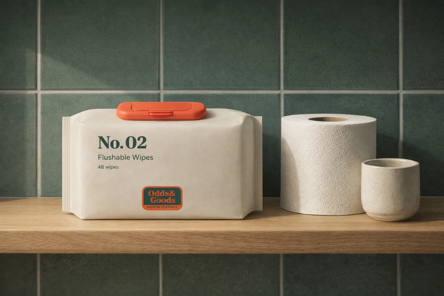 The flushable-wipes pouch on a bathroom shelf beside a toilet roll.