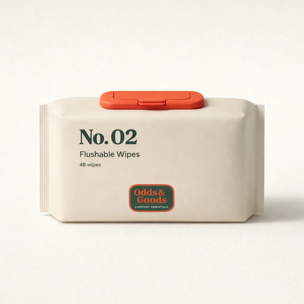 No. 02 Flushable Wipes pack with a red flip-top lid.