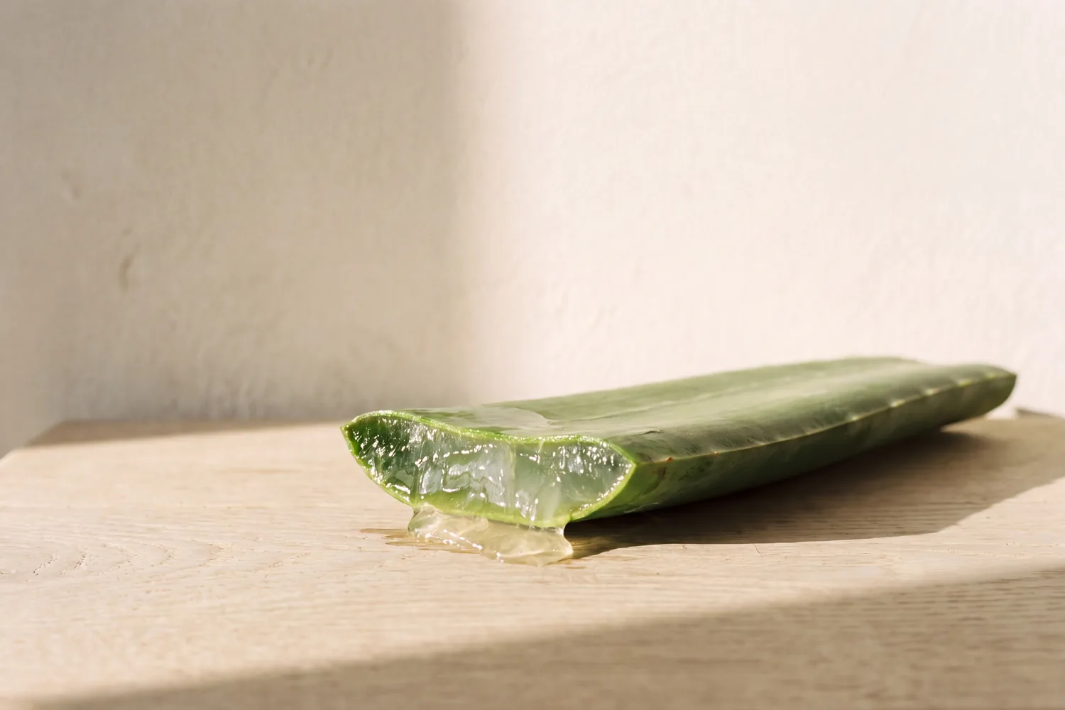A fresh aloe leaf cut open, clear gel glistening, on a pale oak board in soft window light.