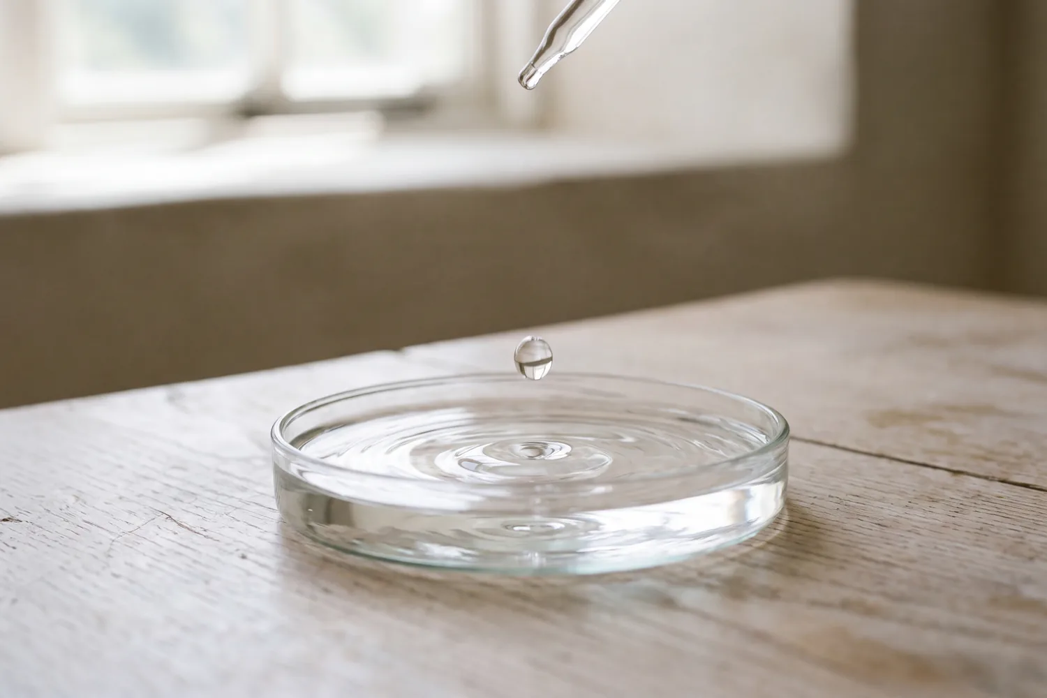 A glass dropper releasing one clear drop into a shallow glass dish on weathered wood.