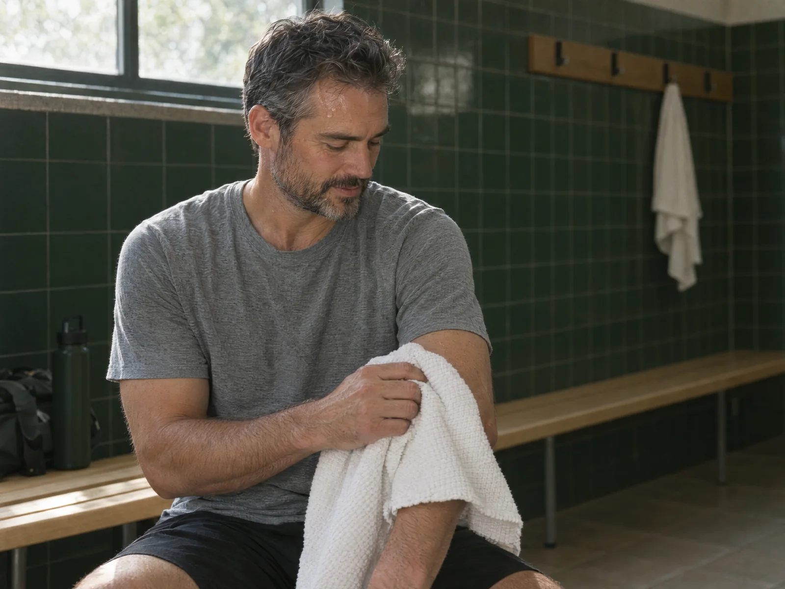 A man wiping his arm with a large cloth after the gym.
